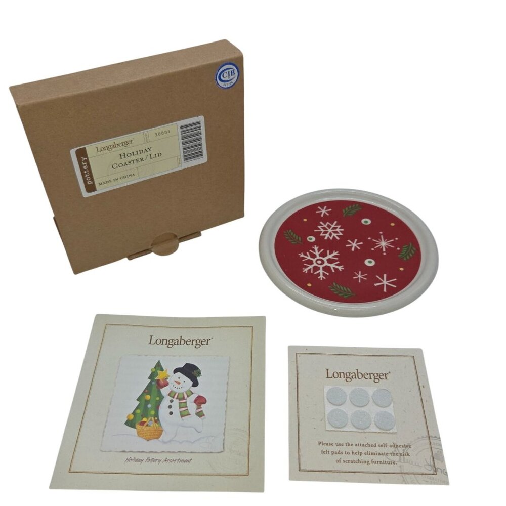 Longaberger Holiday Coaster/Lid Red Snowflake Design Ceramic With Box & Inserts